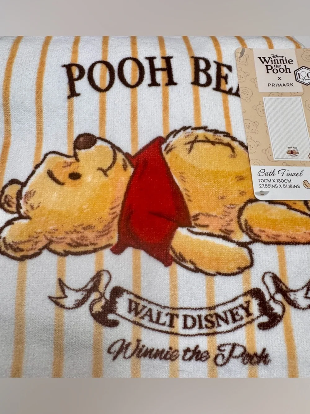 NWT Primark Disney Winnie the Pooh graphic bath towel. Yellow & white striped